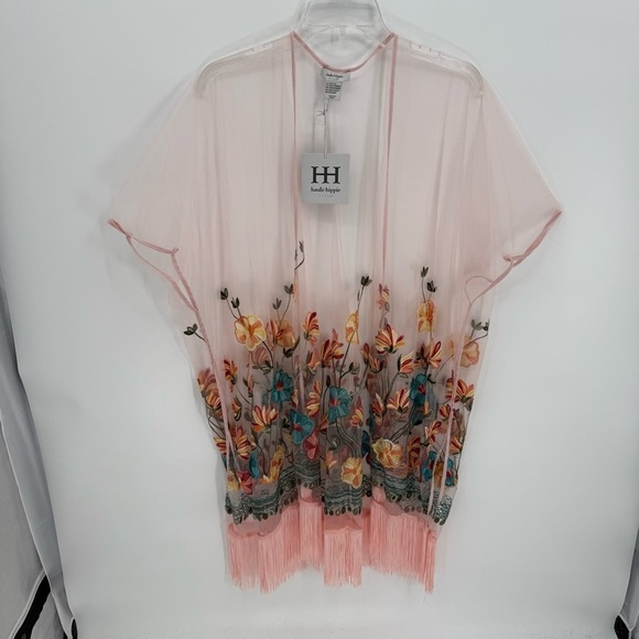 Haute Hippie Pink Mesh Floral Embroidered Fringe NWT Festival Kimono One Size - Picture 11 of 11